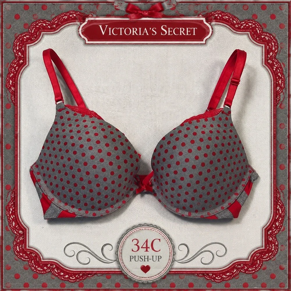 Victorias Secret Push-Up Bra 34C Gray Red Polka Dot Lace Trim Underwire Padded